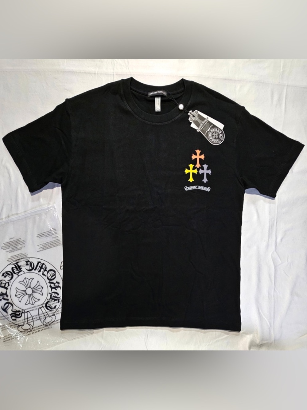 Chrome Hearts Black Short-Sleeve Tee with Orange, Yellow & Purple Crosses